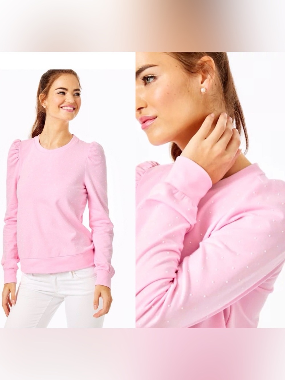 Lilly Pulitzer Jansen Pearl Light Pink Puff Sleeve Feminine Sweatshirt, Small